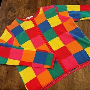 Vintage Robert Scott Colorful Patchwork 80s 90s Zip Up Crew Neck Knit Sweater L